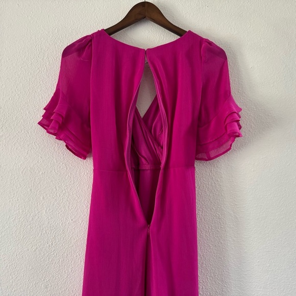 DKNY Pink Chiffon Barbiecore Wrap Dress Ruffle Sleeve Feminine Vibrant Size 2 - Picture 10 of 16